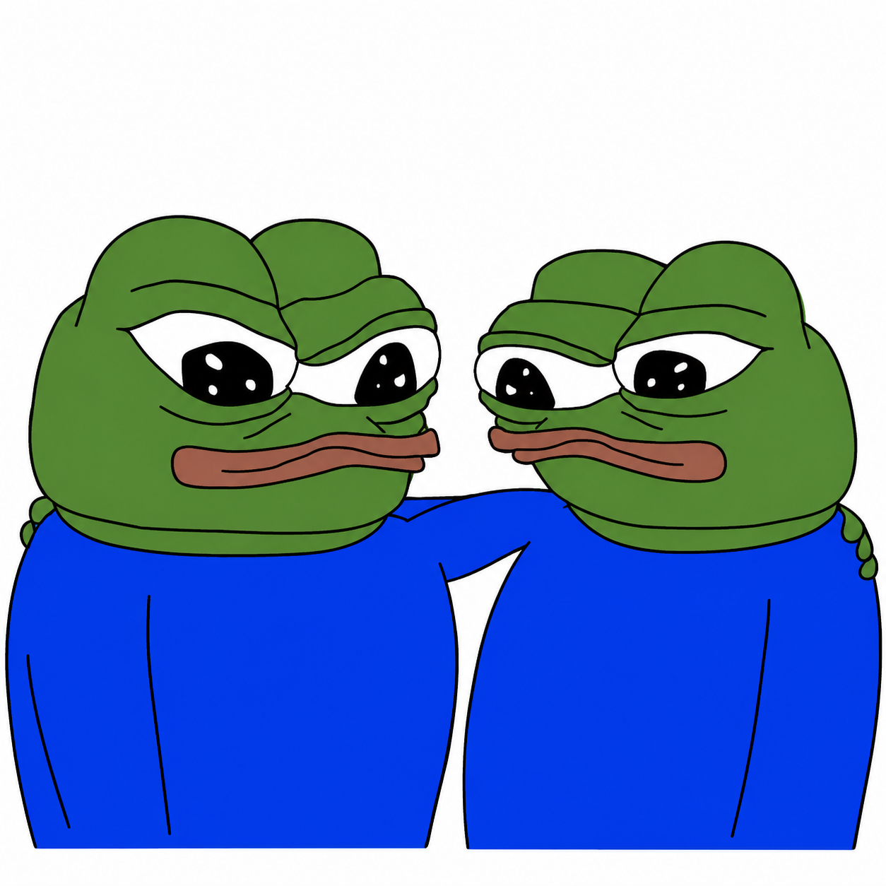 Two Pepe frens in blue hoodies with an arm around each other's shoulder